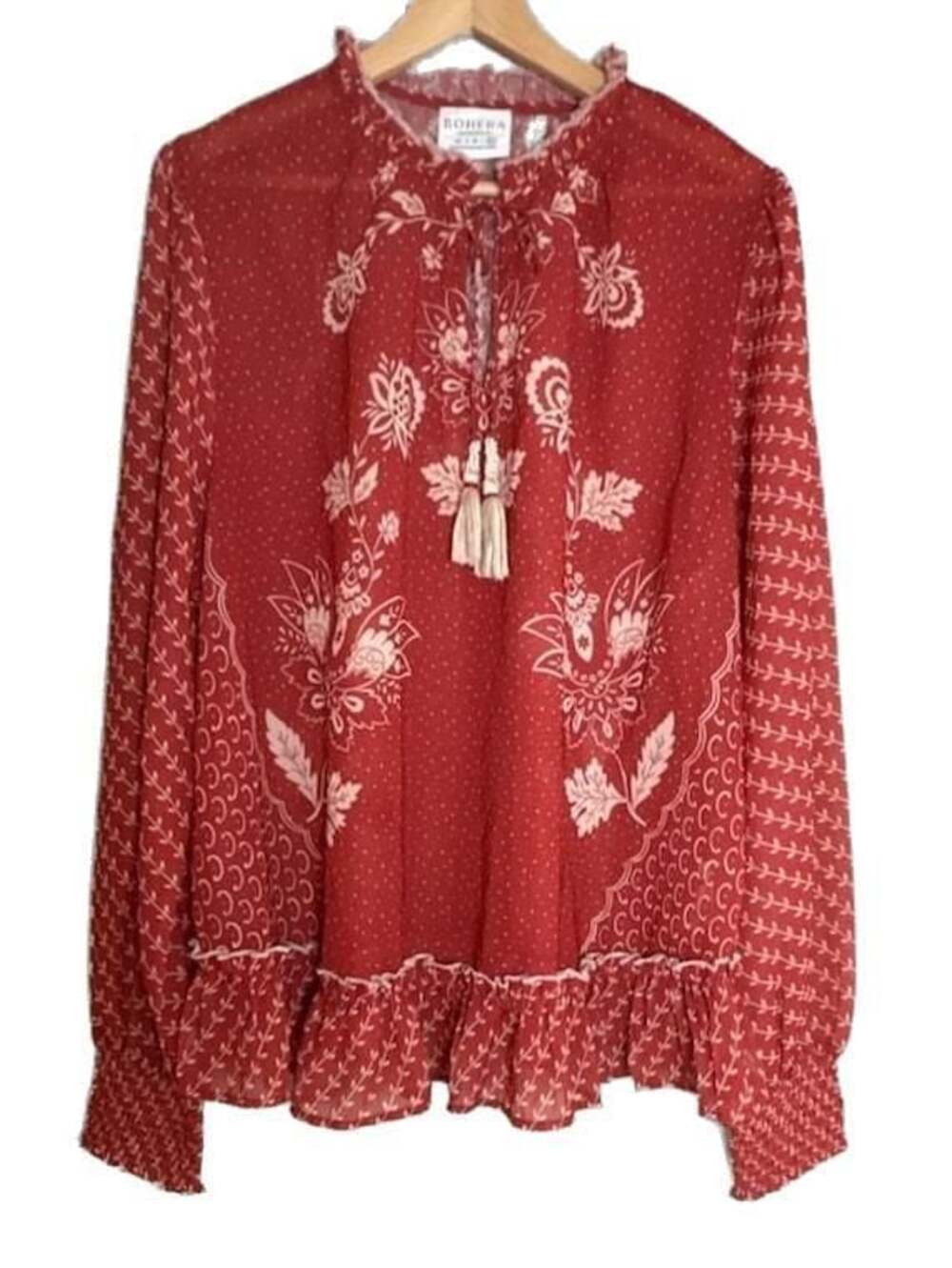 Bohera Red Floral Print Ruffle Hem Blouse, Boho Puff Sleeve, Size XL